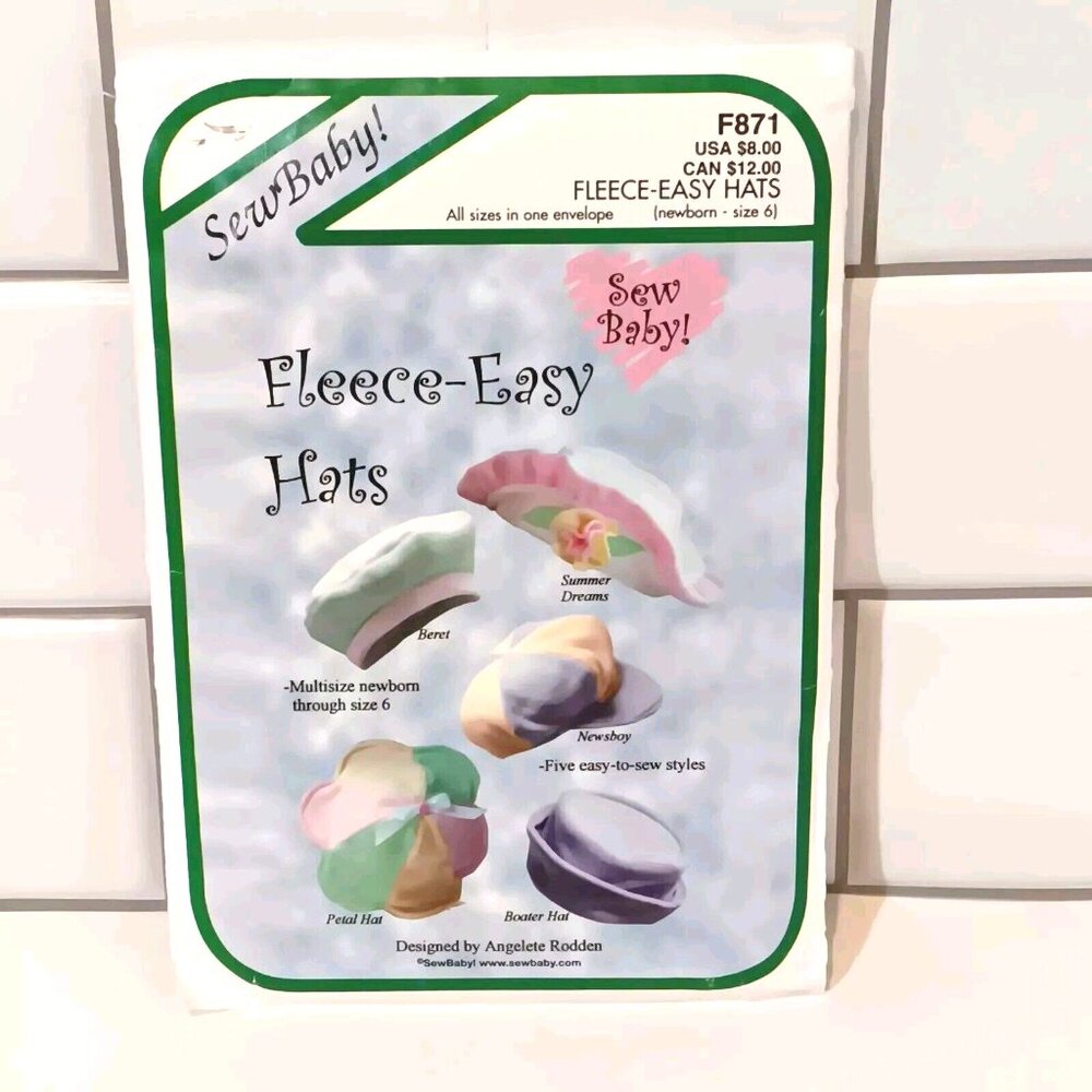 Sew Baby - Fleece - Easy Hats- Pattern‎ F871 -Uncut Newborn to Size 6 / 1998 VTG
